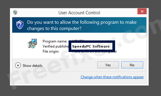 Screenshot where SpeedyPC Software appears as the verified publisher in the UAC dialog